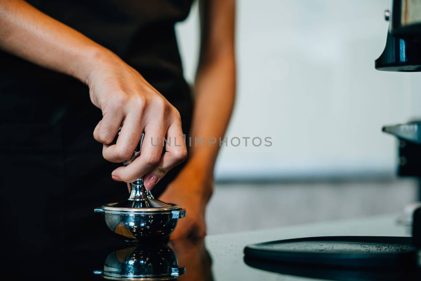 Coffee machine preparing fresh tasty coffee in cafe. Step by step tips of coffee making process. Close up of machine hand holding handle showcasing professional brewing. by Sorapop