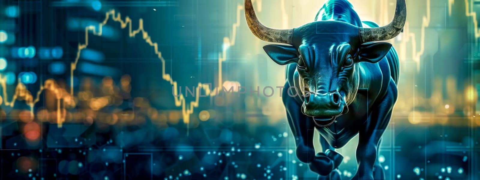 Digital composite of a bold bull over a bustling cityscape with stock market charts