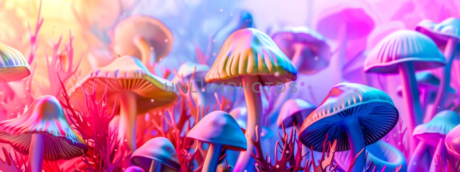 Panoramic view of colorful, luminescent mushrooms in a fantasy forest setting