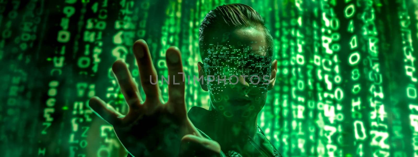 human blends with green binary code lines on a digital interface