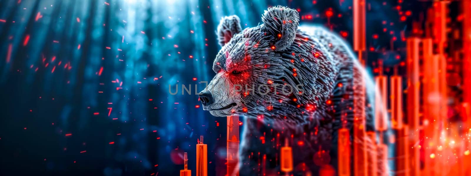 Vivid depiction of a bear hologram symbolizing a bear market trend amidst futuristic financial data
