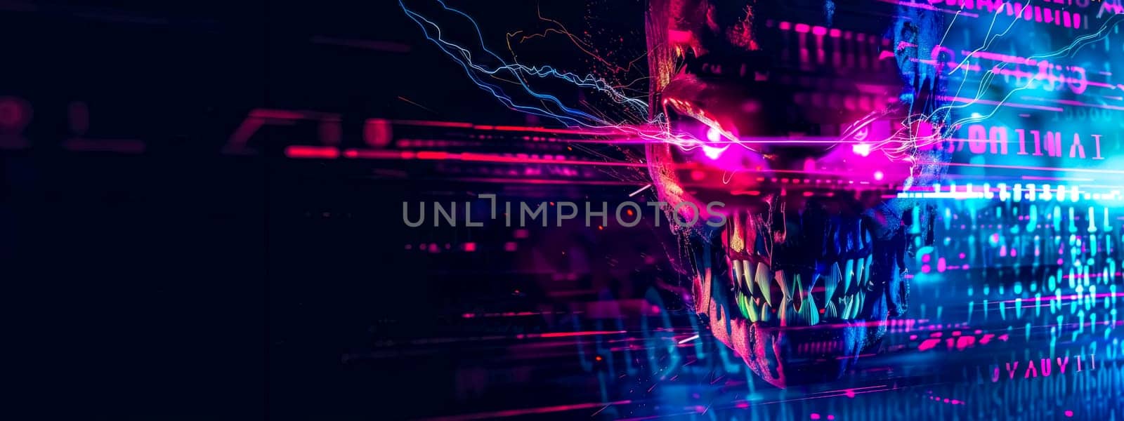 Abstract art of a human head silhouette with digital data streams and vibrant light effects