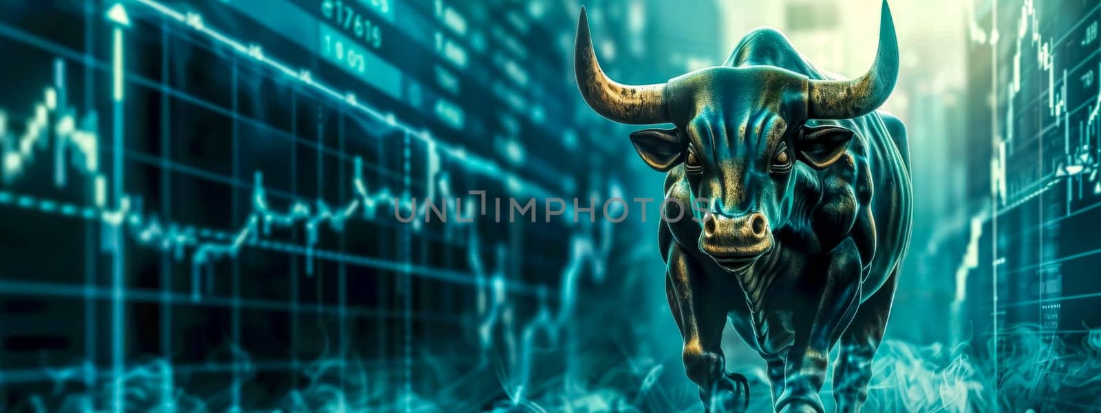 Digital illustration of a bullish symbol in the financial market with dynamic stock data backdrop