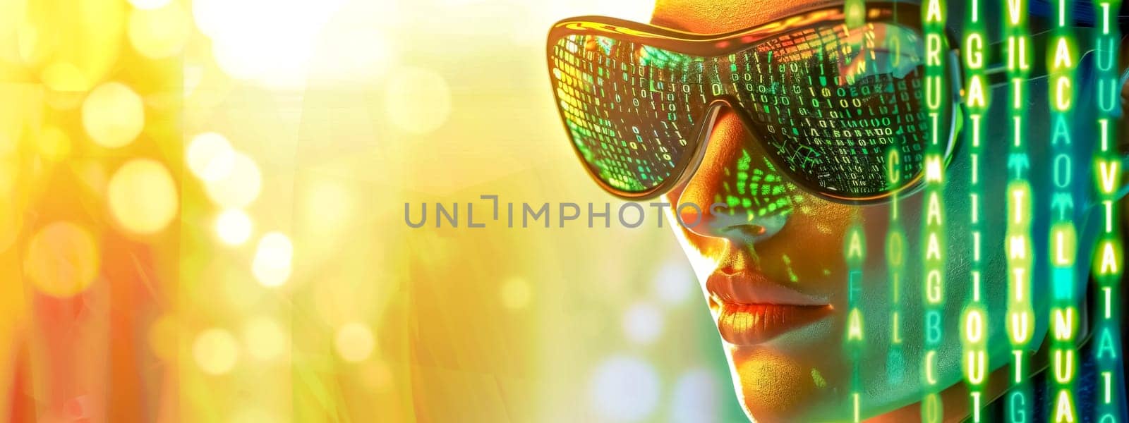 Close-up of a person with led glasses displaying digital data, colored lights background by Edophoto