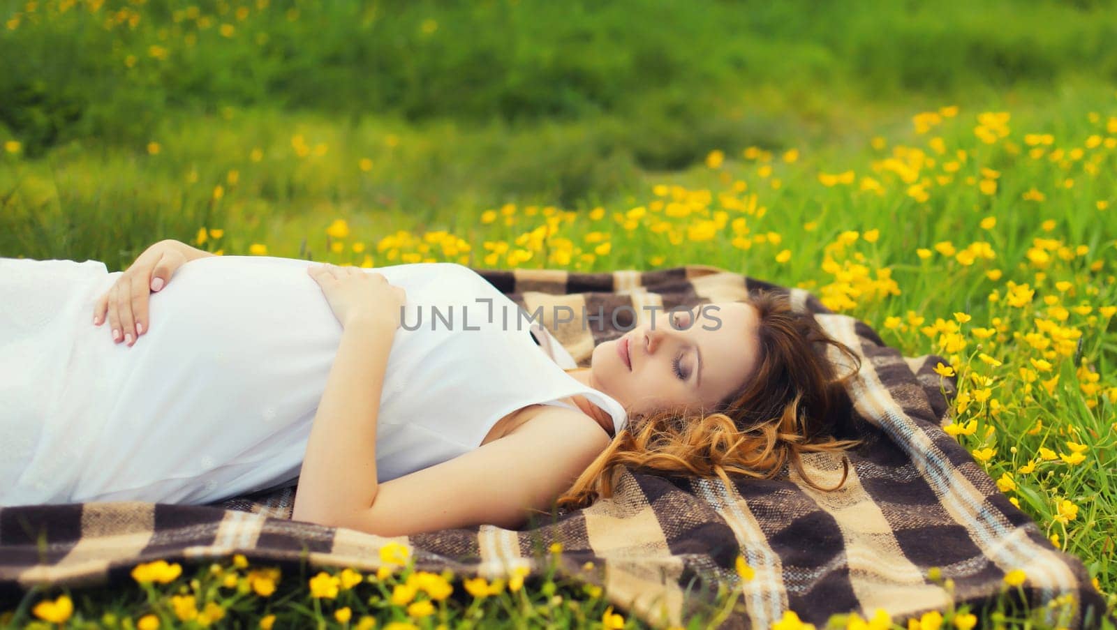 Happy relaxing young pregnant woman resting lying on the grass in summer park