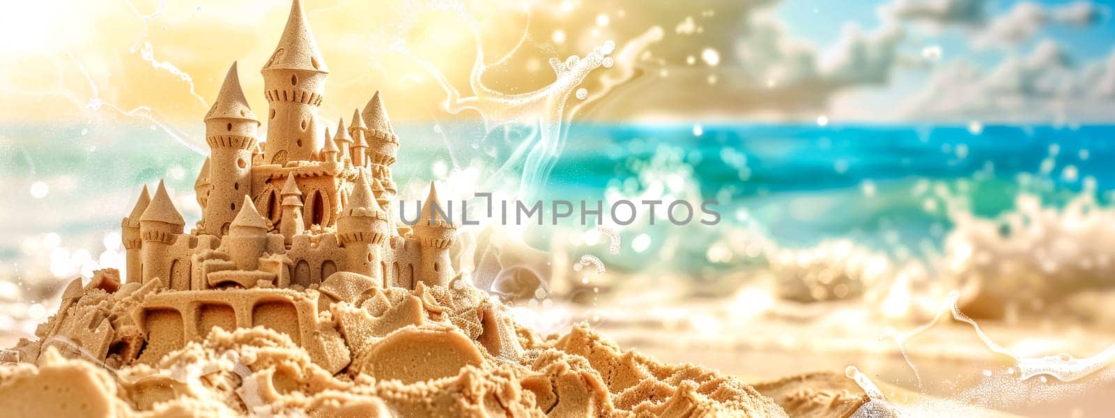 Intricate sand castle with towers and arches on a shimmering beach backdrop