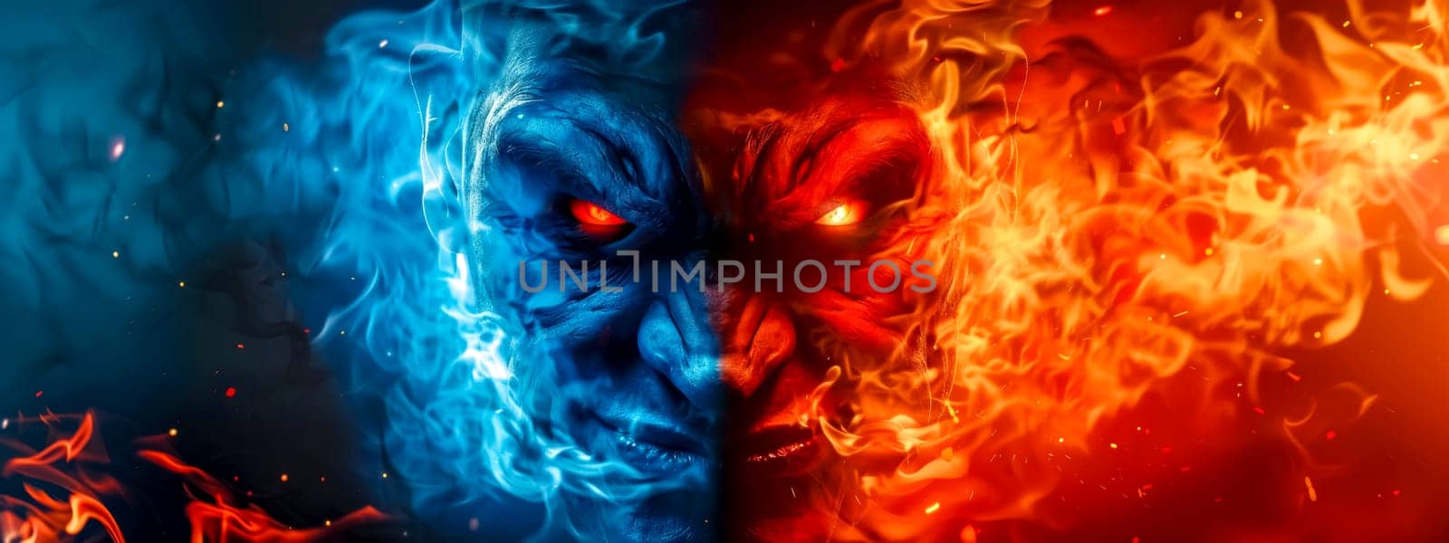 Artistic representation of elemental demons, one engulfed in flames and the other in frost