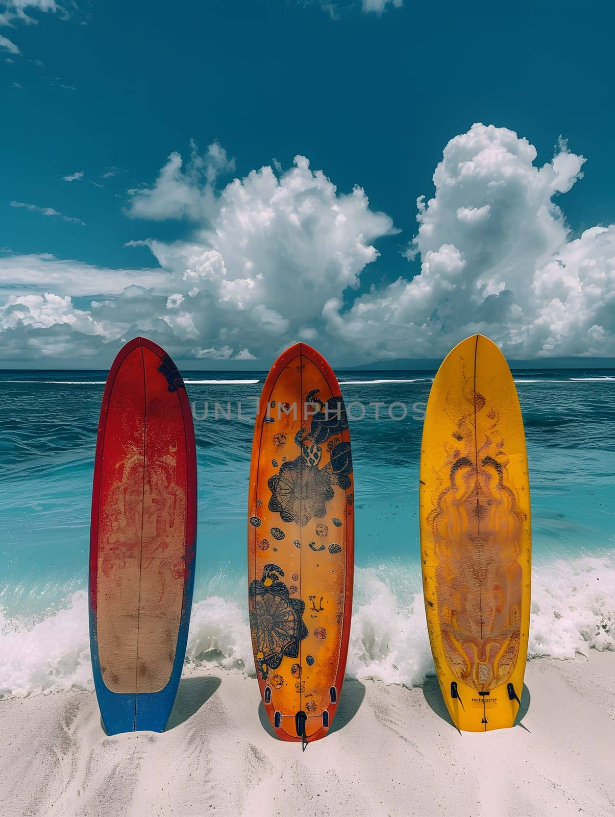 Three surfboards made of wood are placed in a row on the sandy beach, overlooking the ocean. The landscape is painted in varying tints and shades, with the horizon blending into the sky and clouds