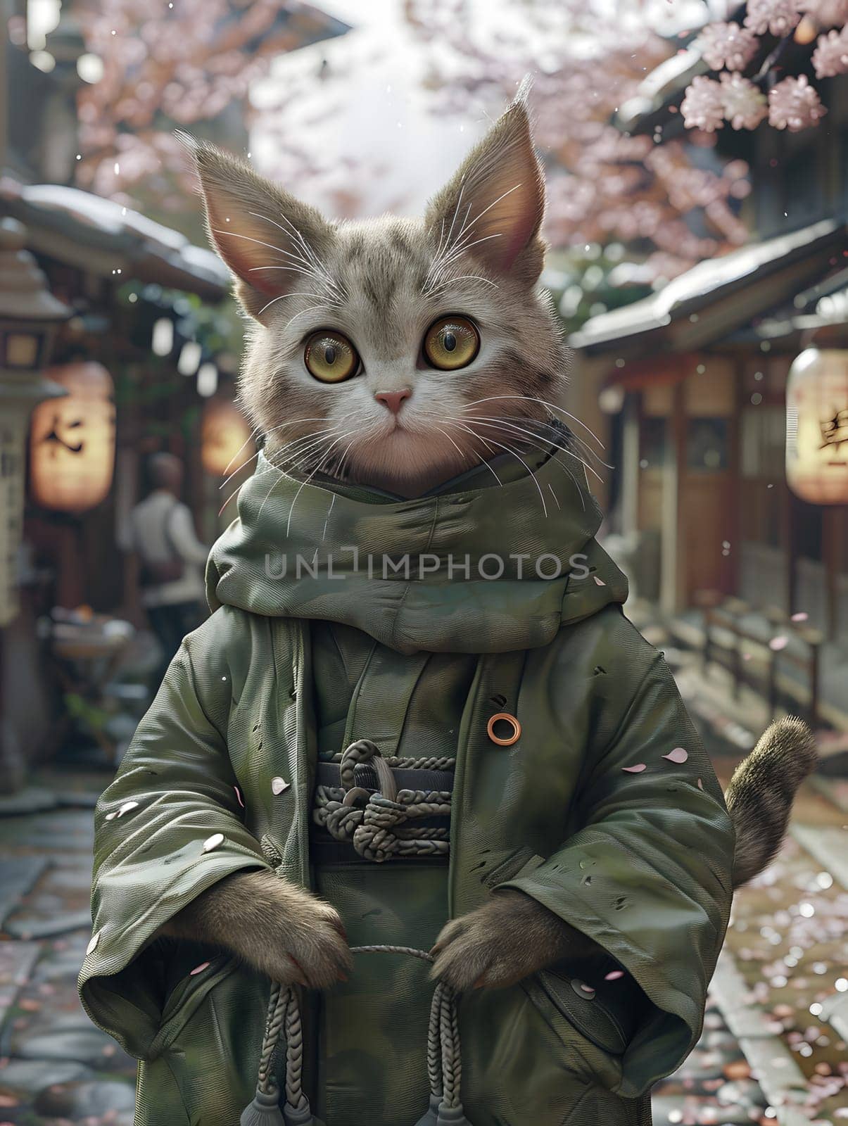 A Felidae in military camouflage kimono stands on the sidewalk, showcasing its carnivore instinct. Its small size and whiskers add to the fierce gesture