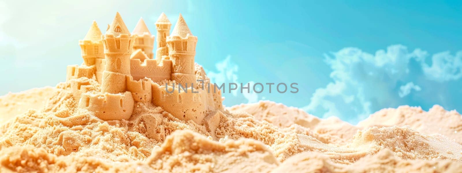 Detailed sandcastle against a blue sky with fluffy clouds, representing summer fun and creativity