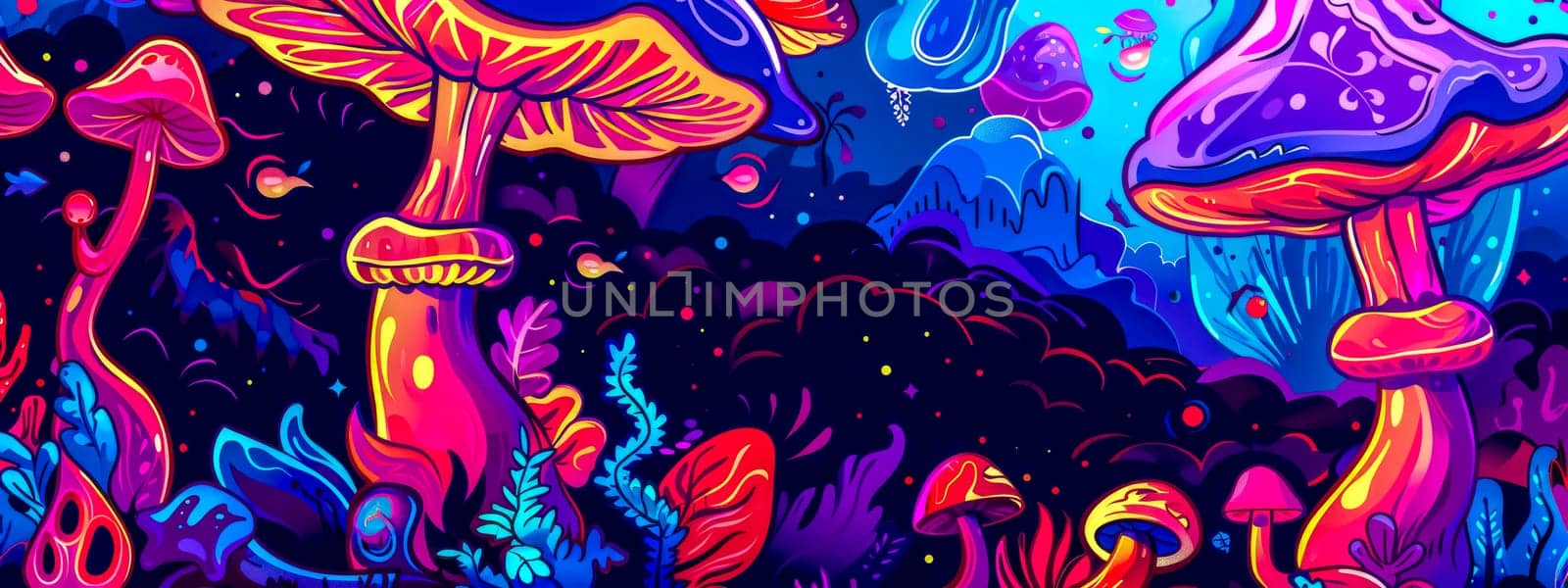 Vibrant digital art of a magical forest with glowing mushrooms and mystical plants