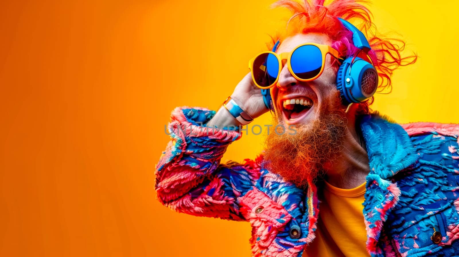 Vibrant man with colorful hair, headphones, and sunglasses lost in music