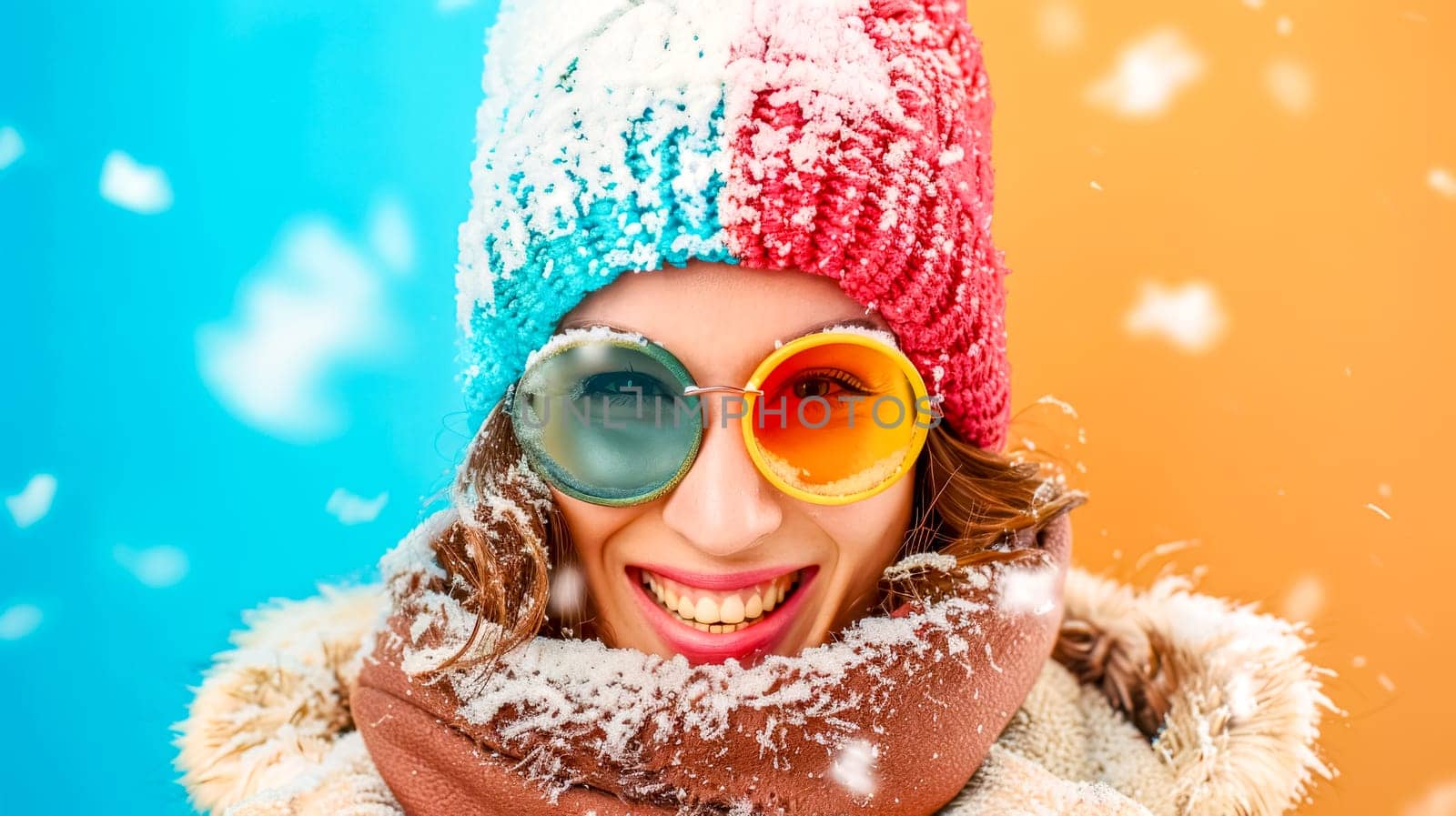 Portrait of a cheerful young lady wearing colorful winter accessories covered with snowflakes