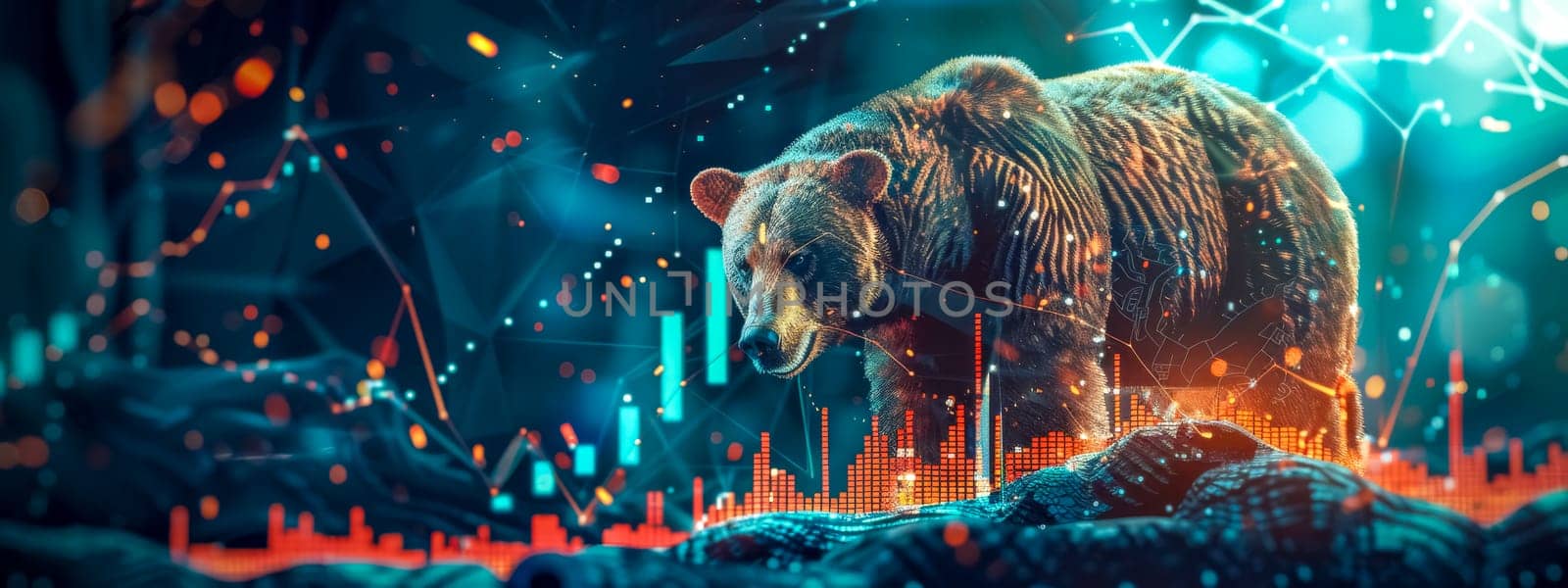 Conceptual image of a bear superimposed on dynamic stock market graphics
