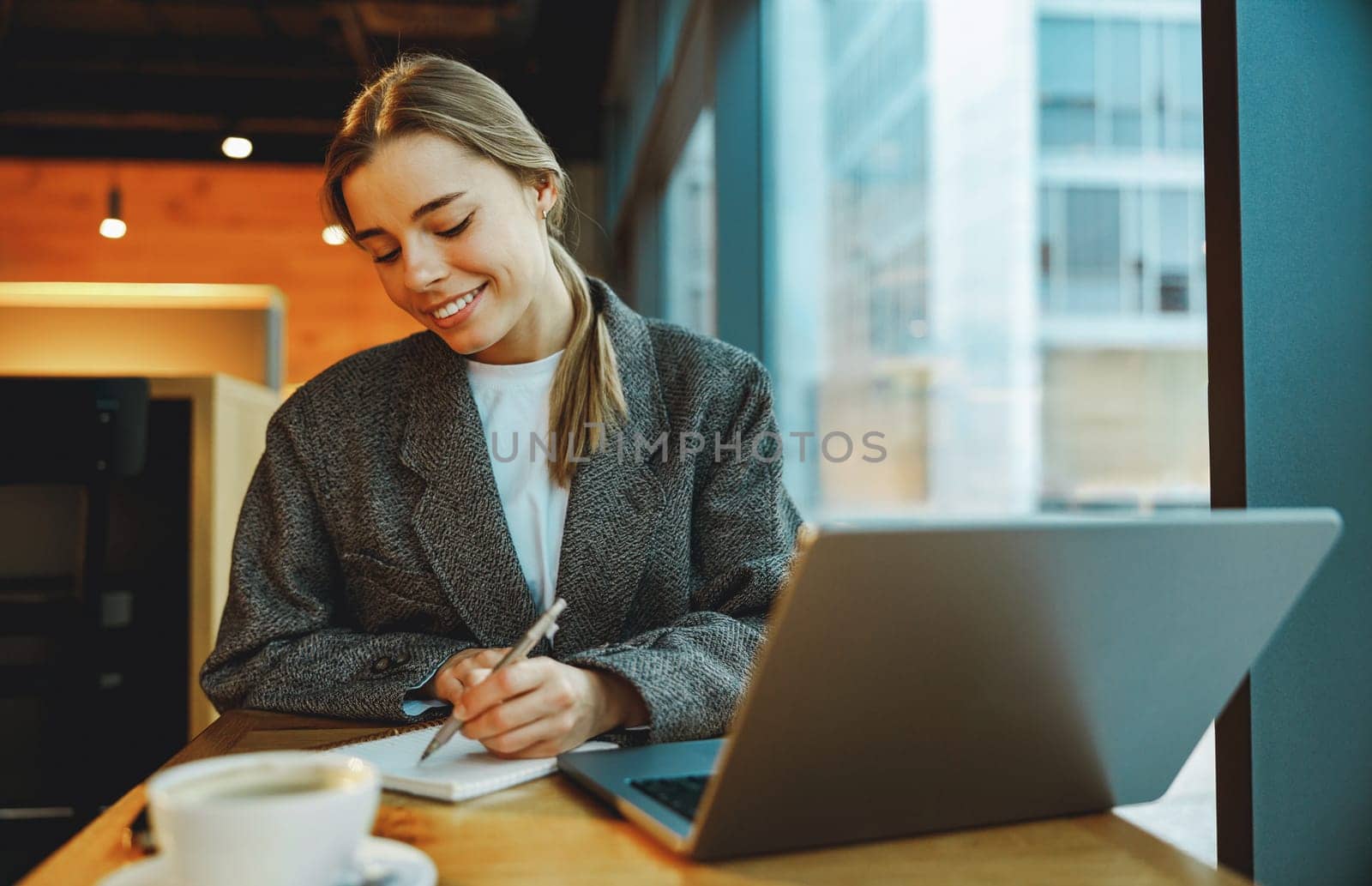 Young female student is making notes and browsing laptop sitting in cafe near window by Yaroslav_astakhov