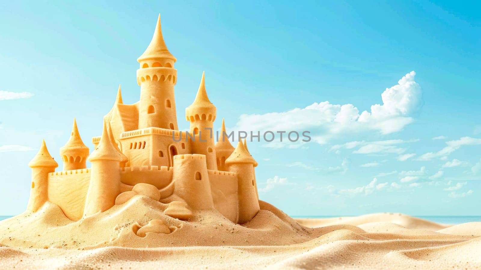 Intricate sandcastle with towers against a clear blue sky on a sandy beach