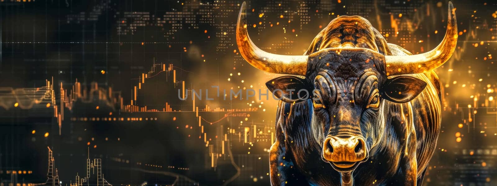 A composite of a bull sculpture symbolizing strength in a financial market setting with glowing charts