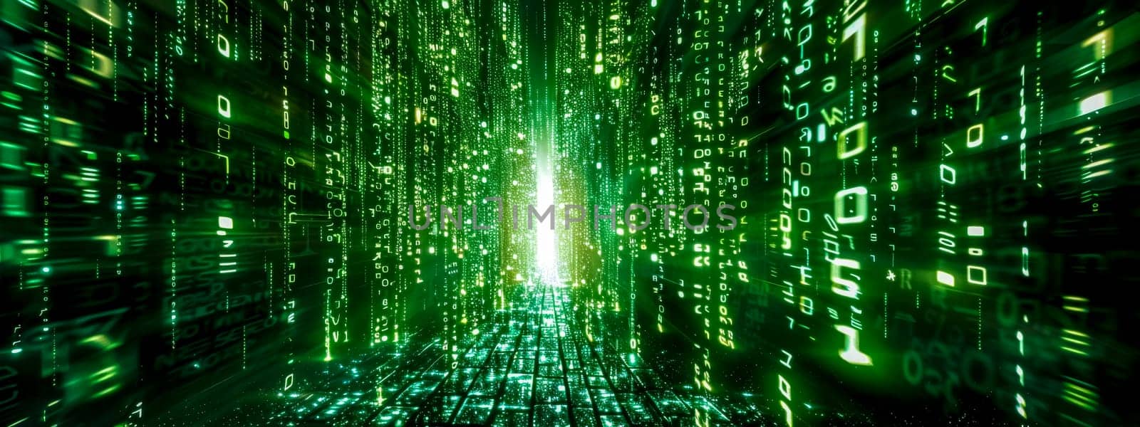 Vibrant green binary code streaming in a 3d digital tunnel symbolizing data flow