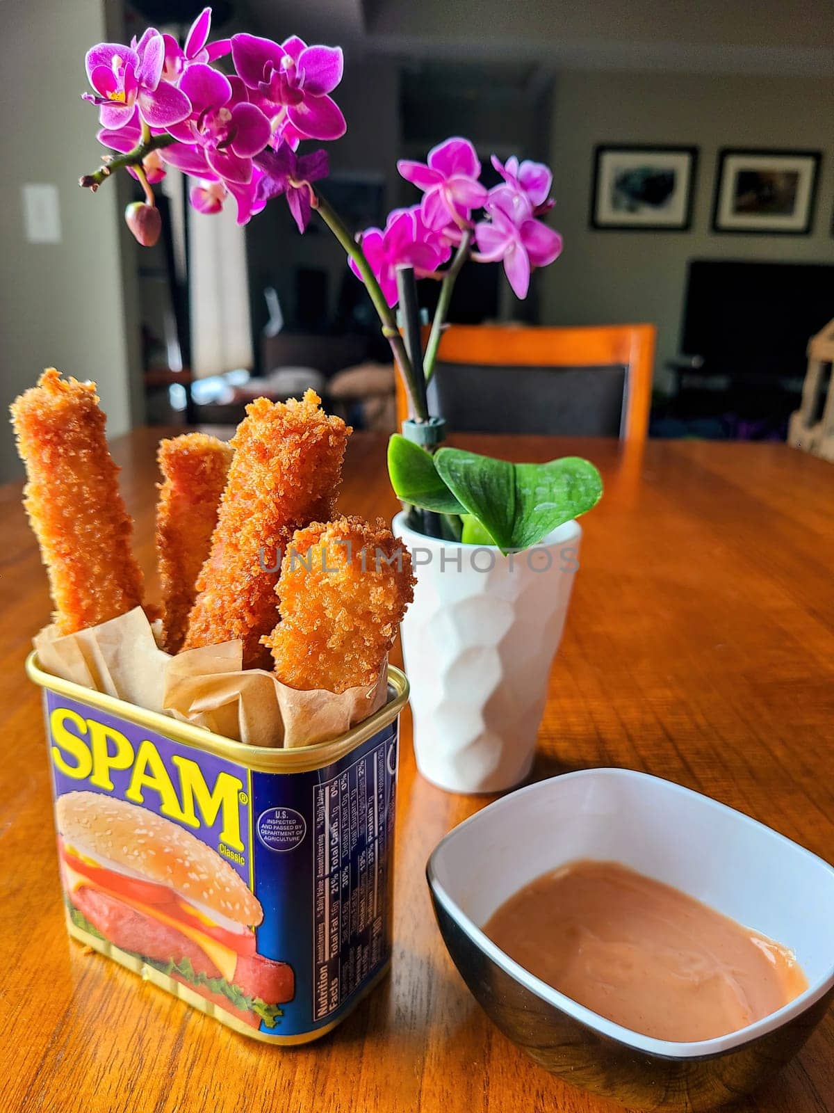 Creative Home Cuisine in Fort Wayne, Indiana: SPAM Can Repurposed as Mozzarella Stick Holder with Orchids Arrangement and Creamy Sauce, 2022