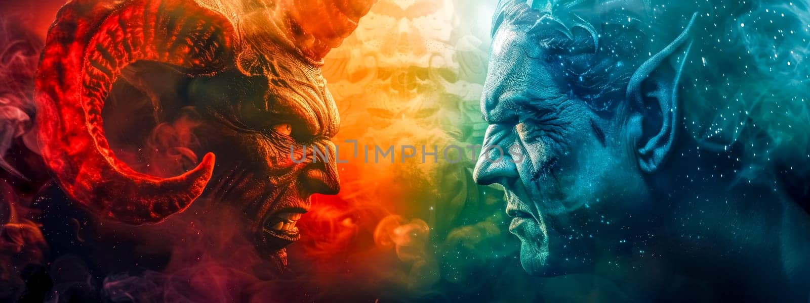 Abstract artistic image of a red devil and a blue demon in a mystical face-off amidst colorful smoke