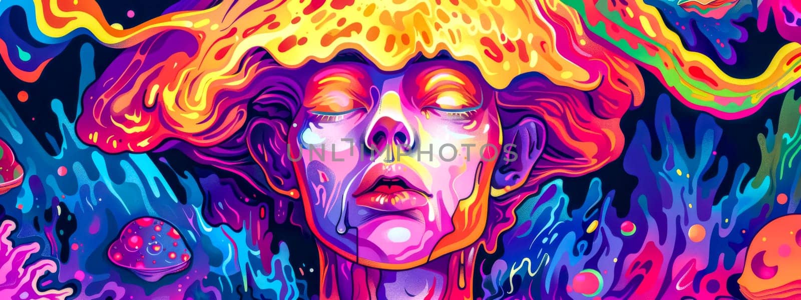 Vibrant and surreal digital art portrait with psychedelic, vibrant, and colorful elements depicting a fantastical dreamscape featuring mushrooms, abstract hallucinations, and imaginative creativity