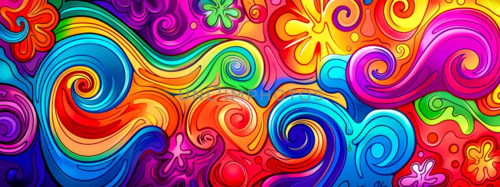 Vibrant and colorful psychedelic swirls abstract background with multicolored patterns and artistic rainbow texture, perfect for wallpaper, retro design, and modern digital art illustration