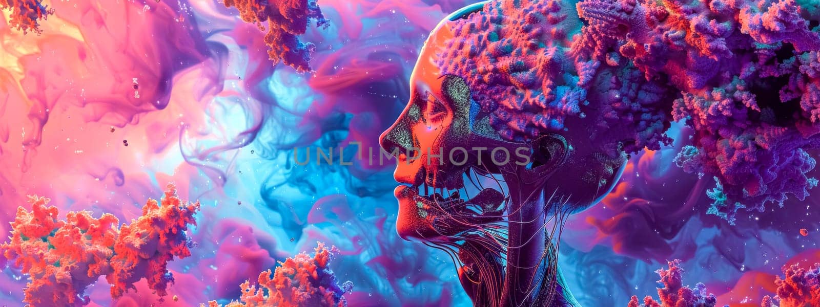 Vibrant digital art piece featuring a profile of a human head amidst abstract colorful nebulous forms