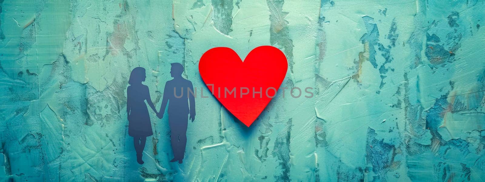 Silhouetted couple holding hands with a vibrant red heart on a grungy blue backdrop
