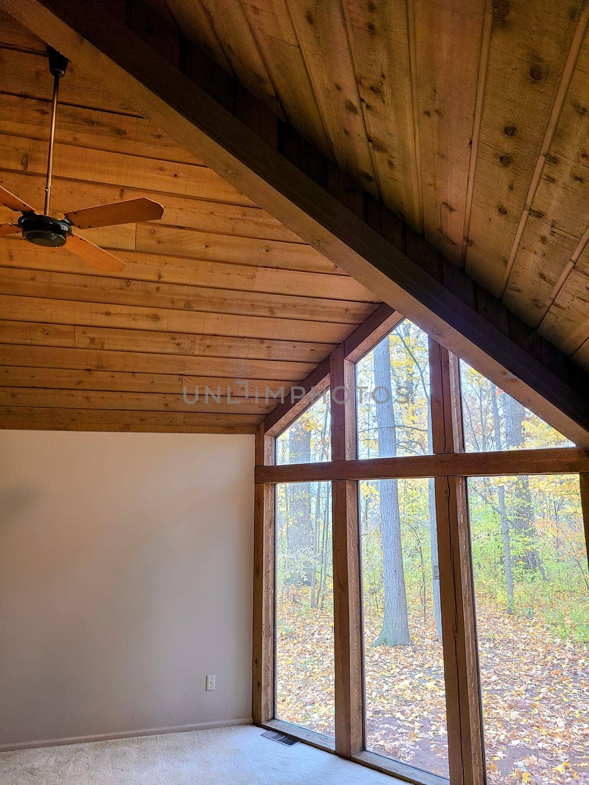 Rustic charm meets modern design in this 2021 Huntertown, Indiana home featuring exposed wooden beams and a panoramic view of an enchanting autumn forest.