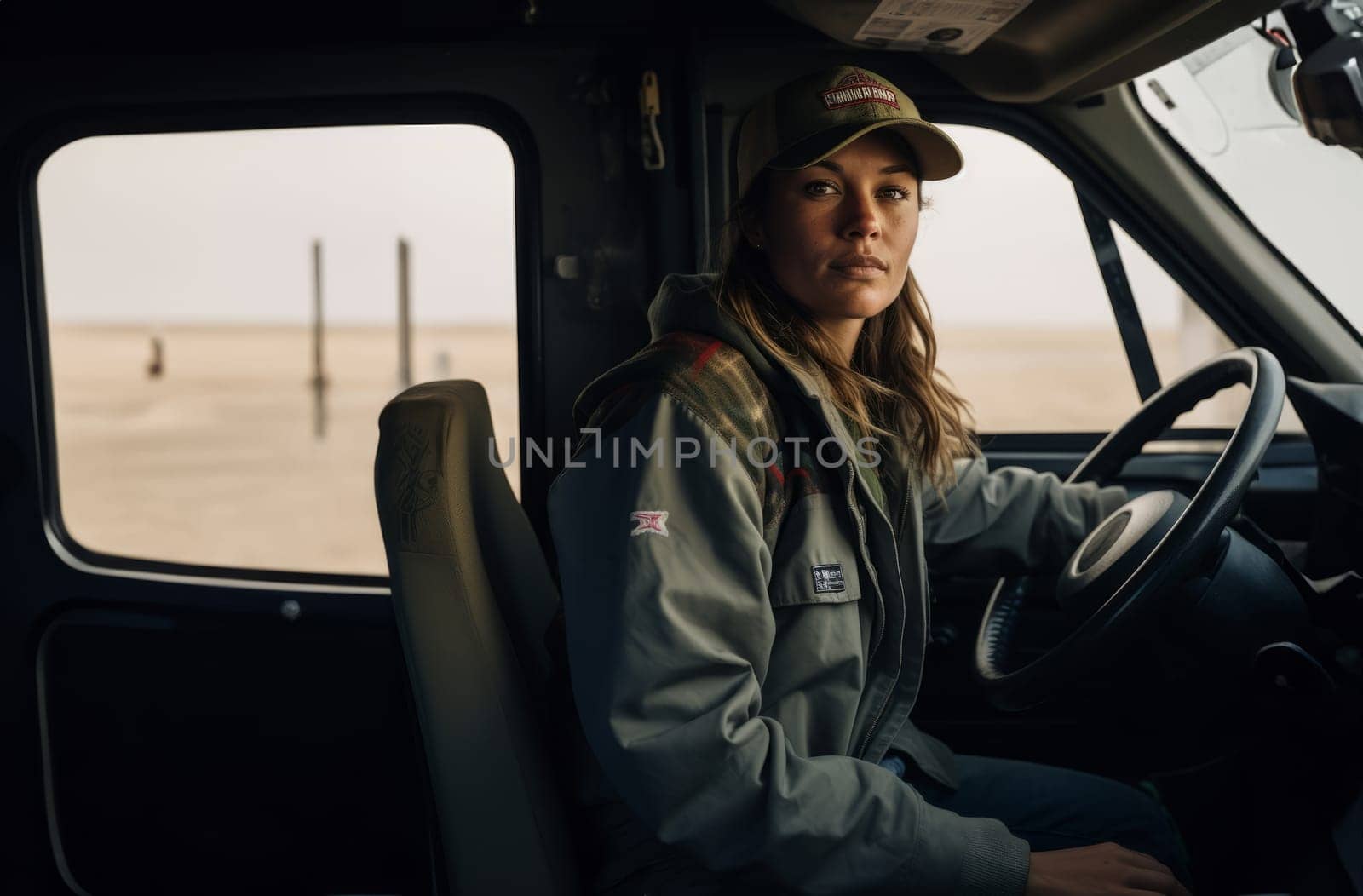 Female Truck Driver Delivering Goods Across the Globe.Generated image by dotshock