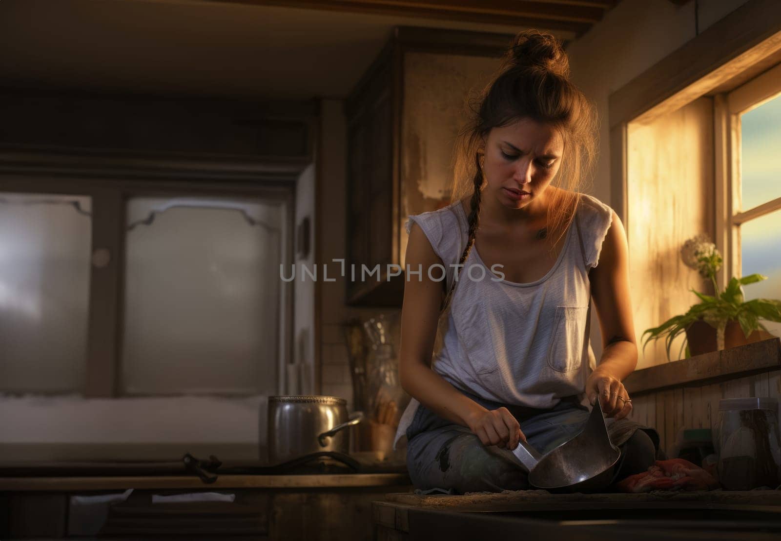 Tired Woman Cleaning Living Room and Kitchen.Generated image by dotshock