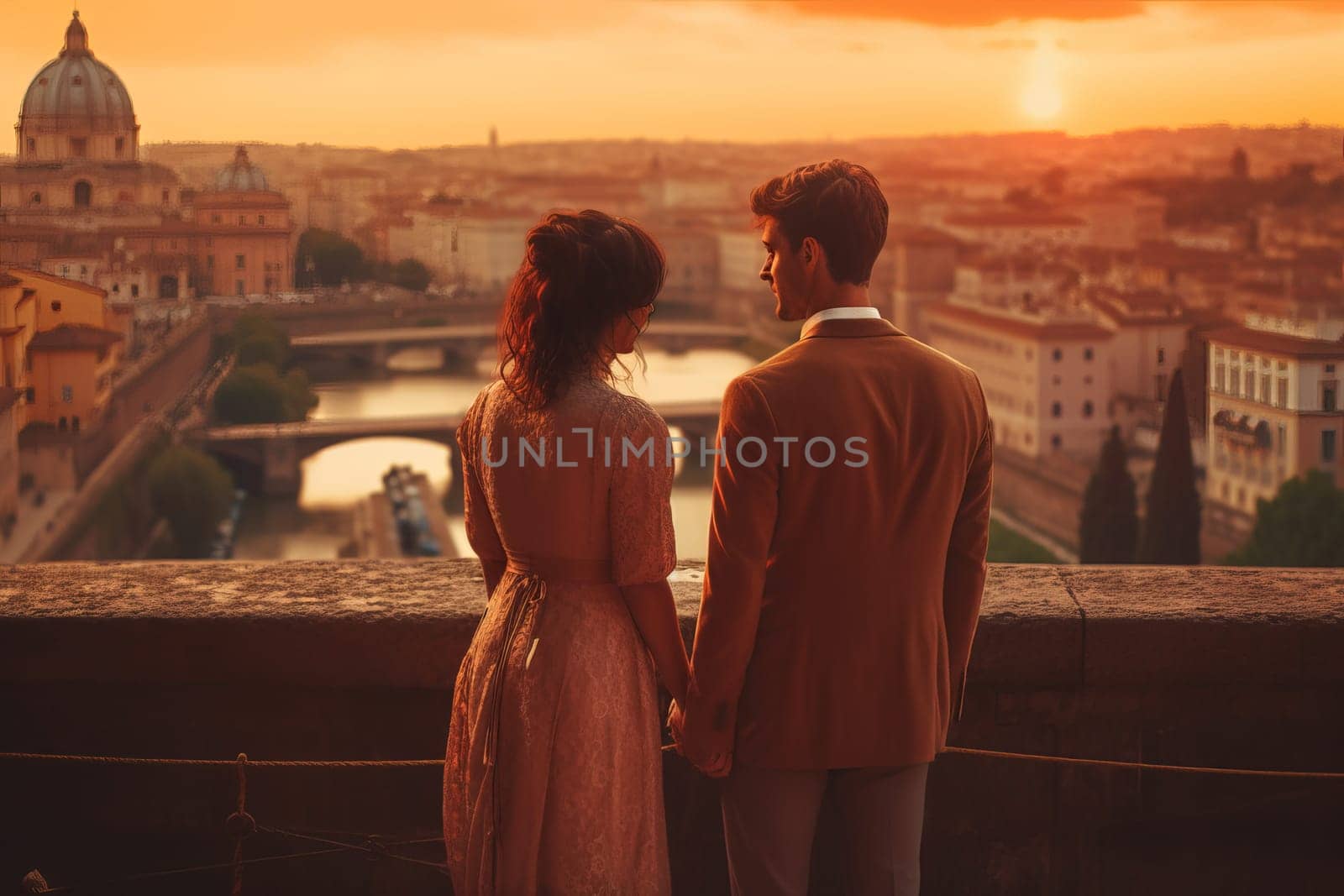 Couple rome sunset. Love rome couple. Generate Ai