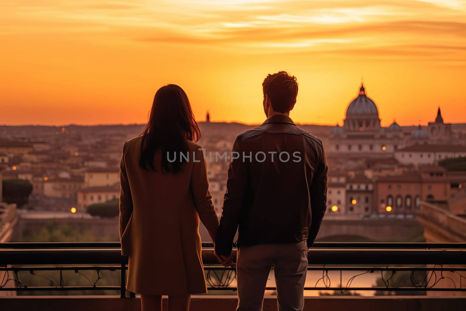 Couple rome sunset meet. Tourism together. Generate Ai