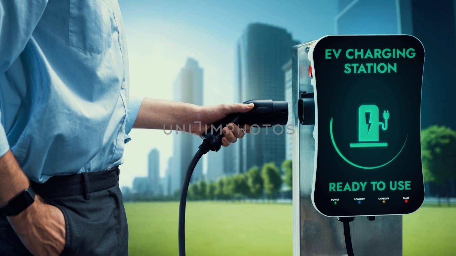 Businessman pull EV charger to recharge his electric car's battery from charging station in green eco city park background. Future innovative EV car and energy sustainability. Peruse