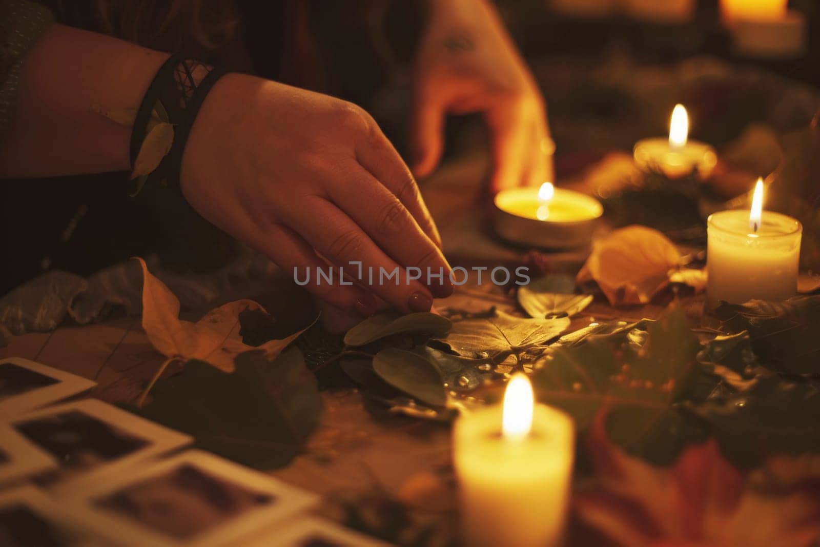 A person's hands carefully light tea candles amidst a tranquil setting, creating a warm, reflective atmosphere. The soft glow of numerous candles casts a serene light on a bouquet of white flowers, symbolizing remembrance and peace.