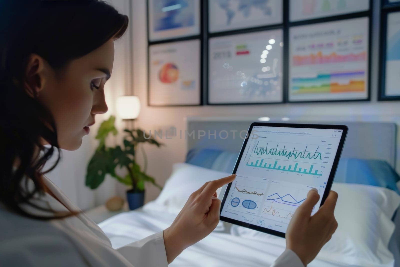 A woman attentively reviews charts on a tablet in her bedroom, her face a picture of focus. The charts' colorful lines reflect on her face, hinting at the deep analysis of her evening work