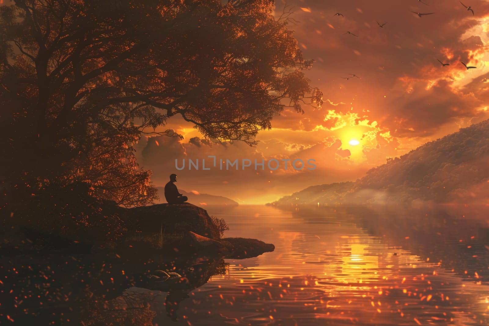 A serene figure sits under a tree at the edge of a tranquil lake, reflecting as the sun sets in fiery hues. The scene is a harmonious blend of nature and contemplation, inviting a sense of peace and introspection