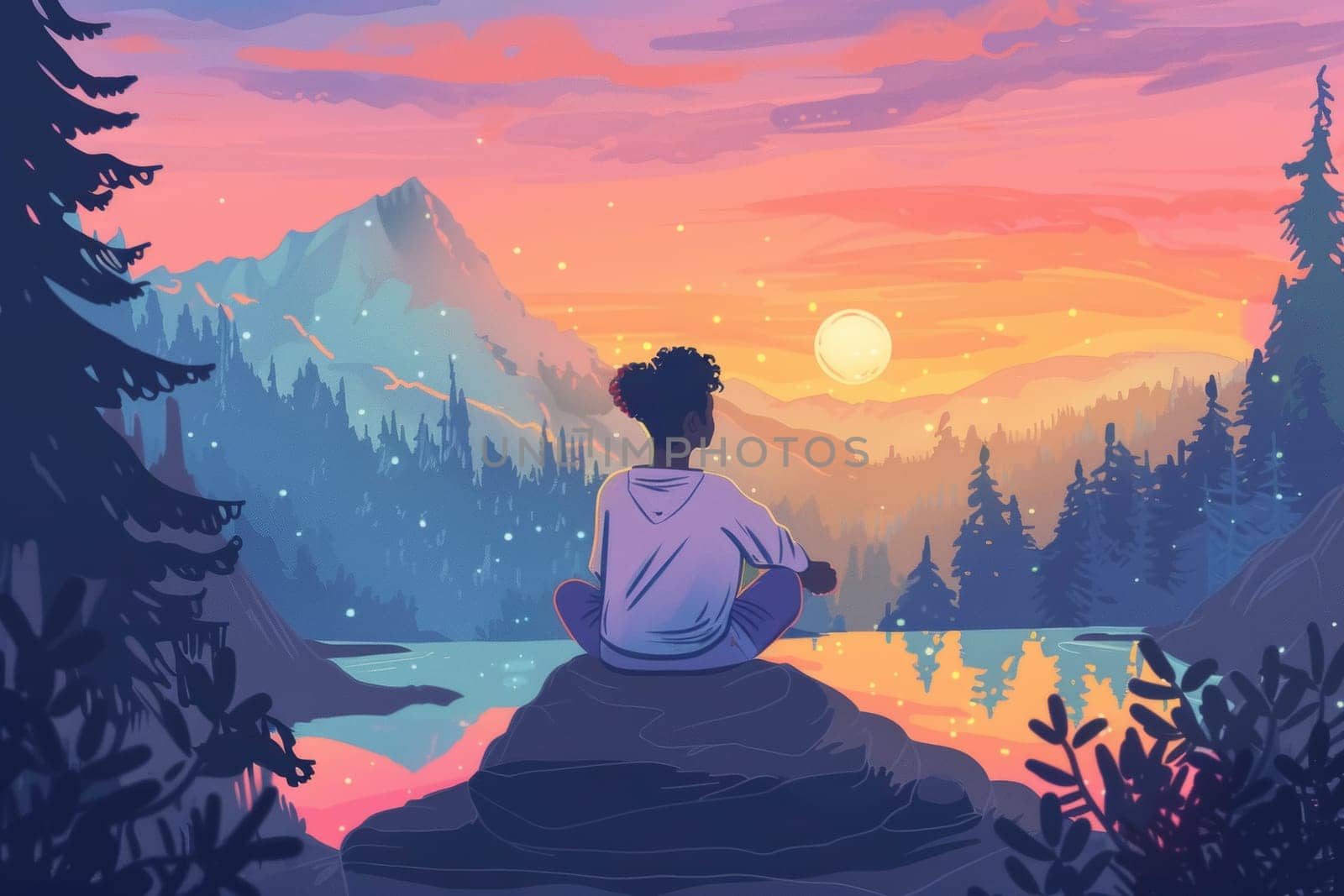 An individual sits on a rock, looking out at a tranquil dusky landscape, reflecting the serenity and beauty of solitude in nature. The vivid colors of the sunset create a peaceful and contemplative mood