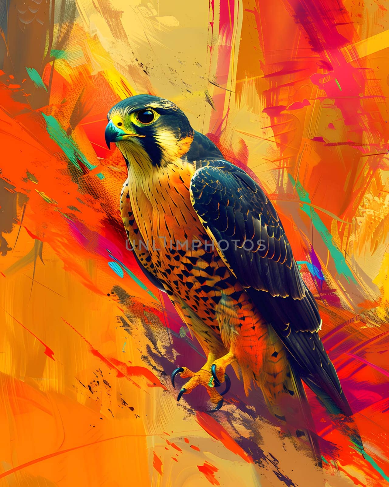 A stunning painting of a bird from the Accipitridae family, with vibrant orange feathers and a sharp beak, set against a colorful background, showcasing the artists skill and love for nature