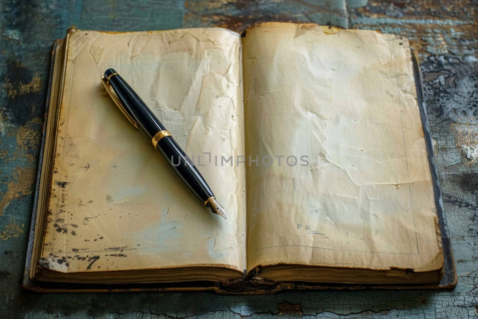 An open vintage book with blank aged pages lies on a textured blue surface, accompanied by an elegant fountain pen. The scene evokes a sense of history and the anticipation of storytelling