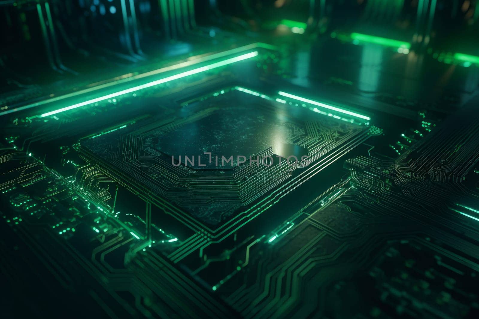 Abstract microchip green board. Generate AI by ylivdesign