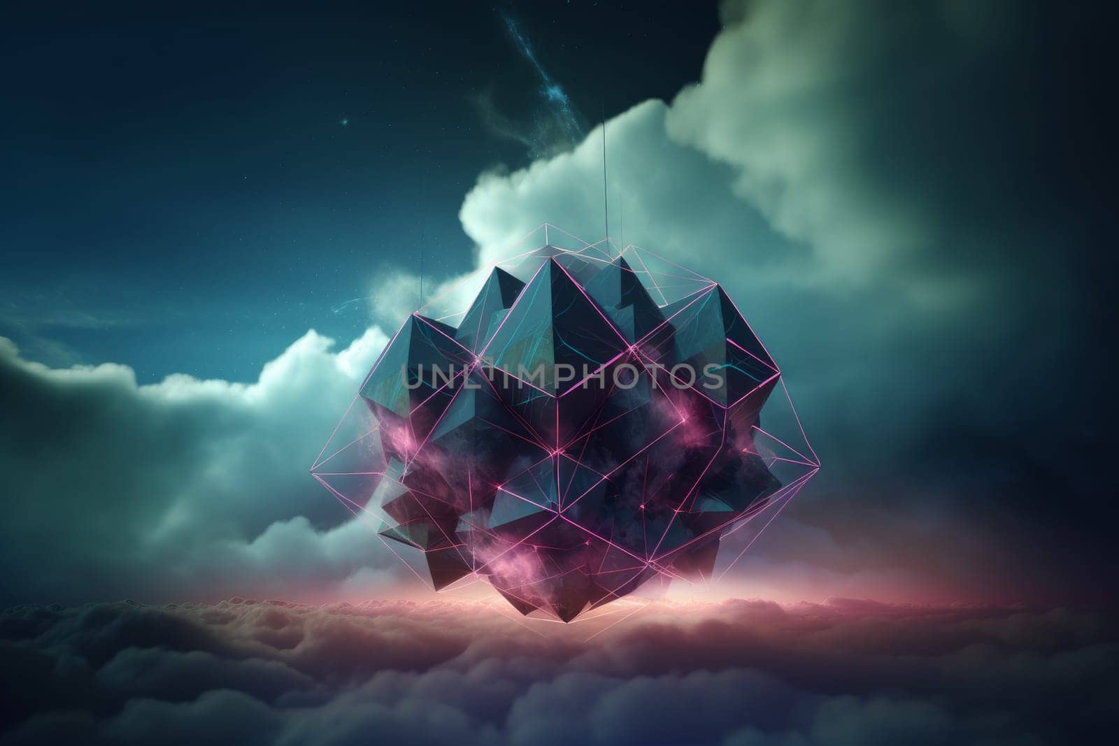 Abstract neon geometric futuristic cloud. Generate Ai by ylivdesign