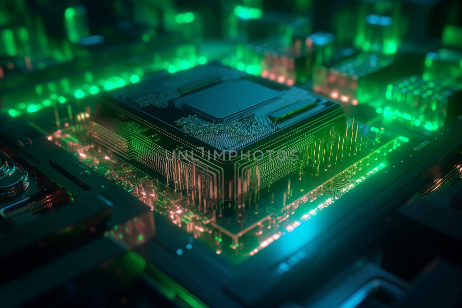 Abstract microchip green neon. Data macro. Generate AI