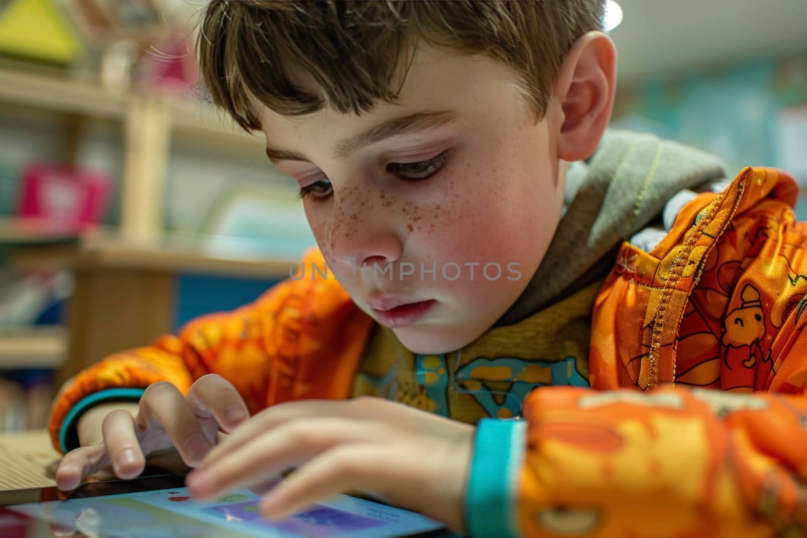 A young student with autism is engrossed in an interactive learning tablet, highlighting the impact of technology on education.
