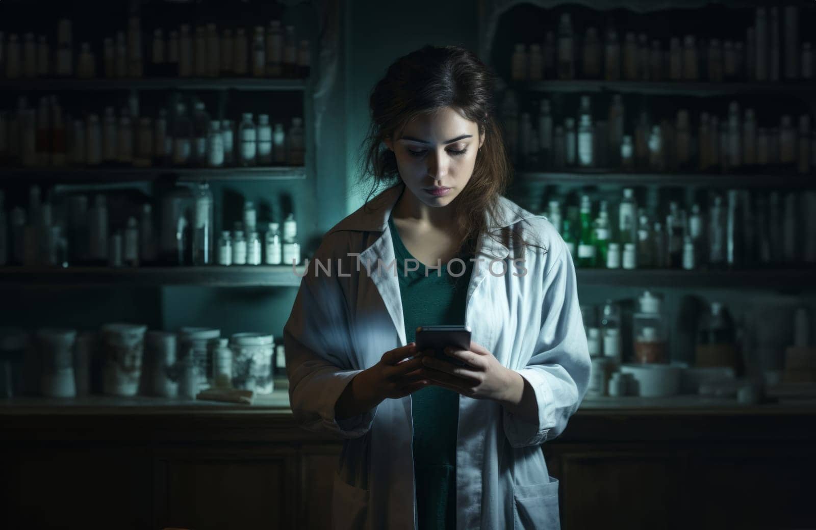 A glimpse into the future of healthcare: a doctor uses a smartphone to check medication inventory in a pharmacy.