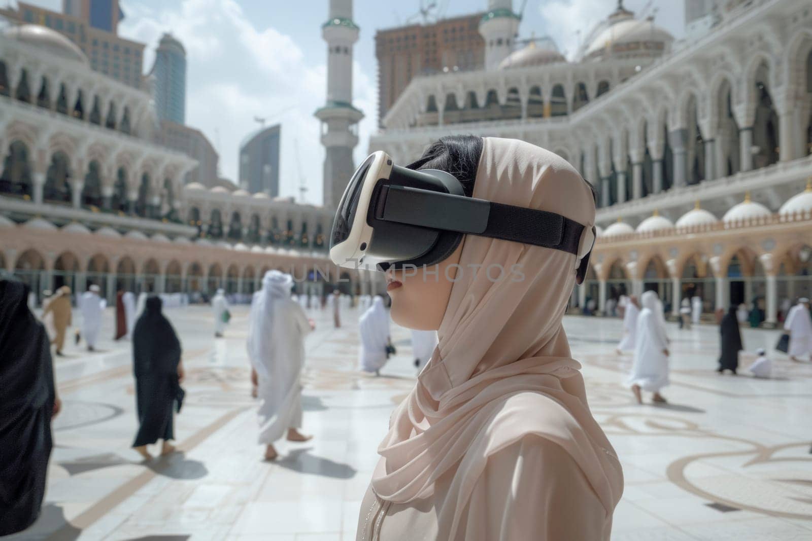 A woman in a hijab engages with a virtual reality headset, blending modern technology with traditional values. This scene captures the intersection of faith and innovation, as she virtually explores a holy site