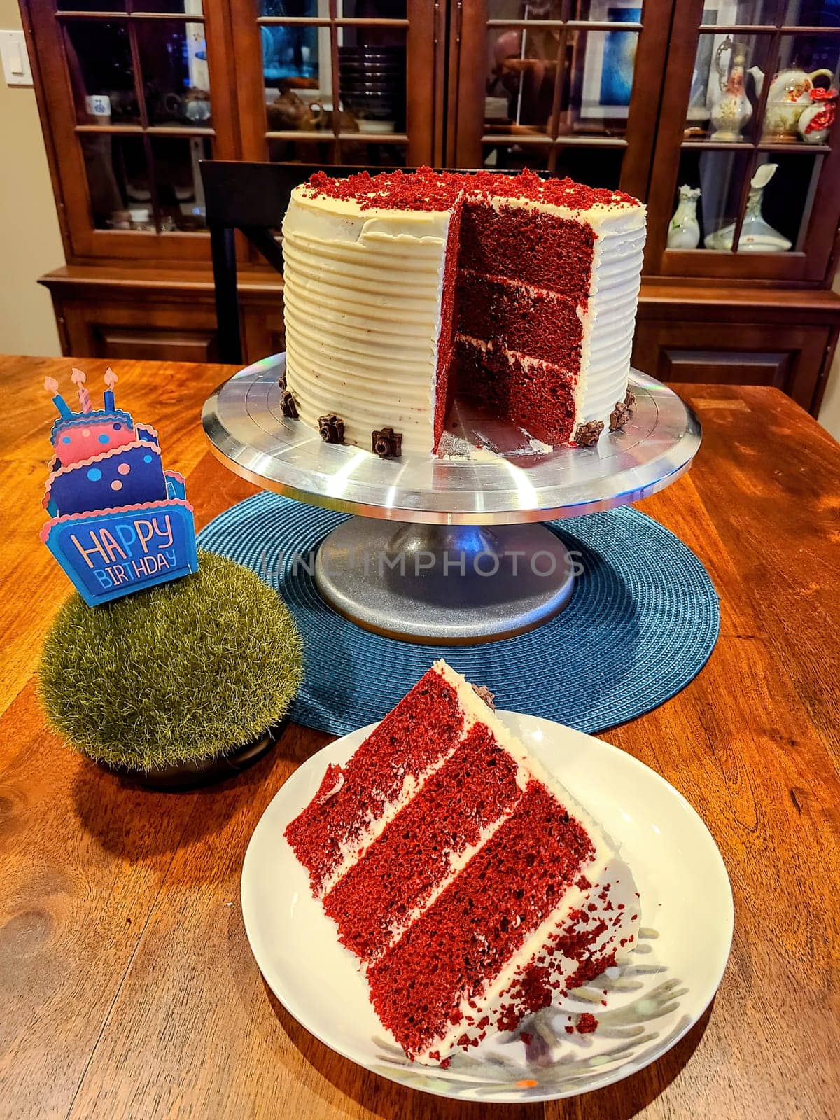 2022 Birthday celebration with homemade red velvet cake in cozy dining room setting, Fort Wayne, Indiana