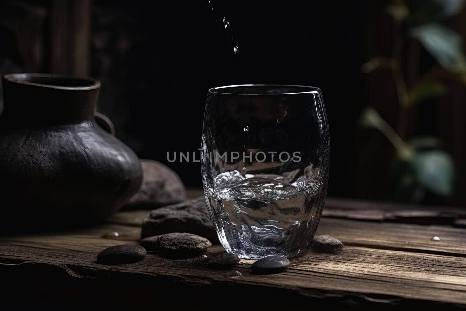 Clean water glass on table. Beverage splash. Generate Ai