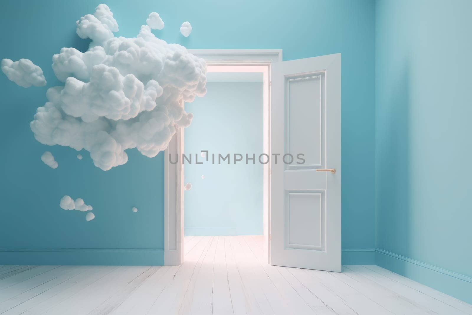 Door open on blue background. Fashion entrance. Generate Ai
