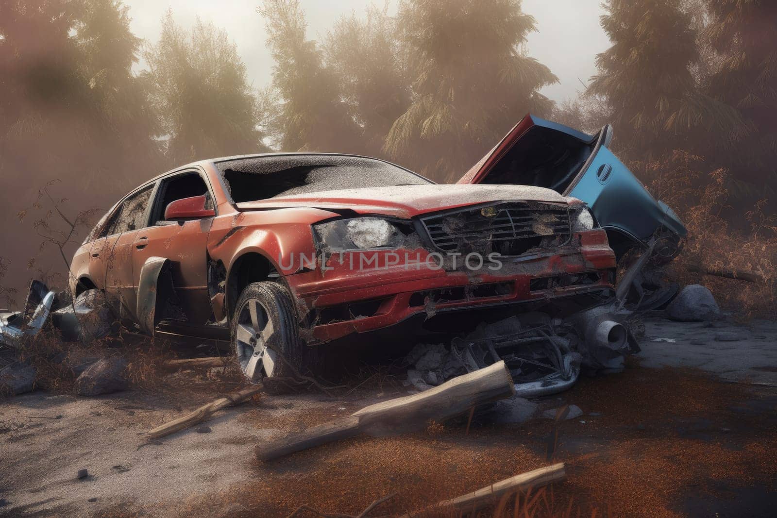 Crashed abandoned car. Generate Ai by ylivdesign